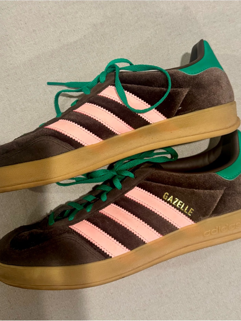 adidas Brown Suede Gazelle Sneakers with Pink Stripes and Green Accents - Picture 5 of 7